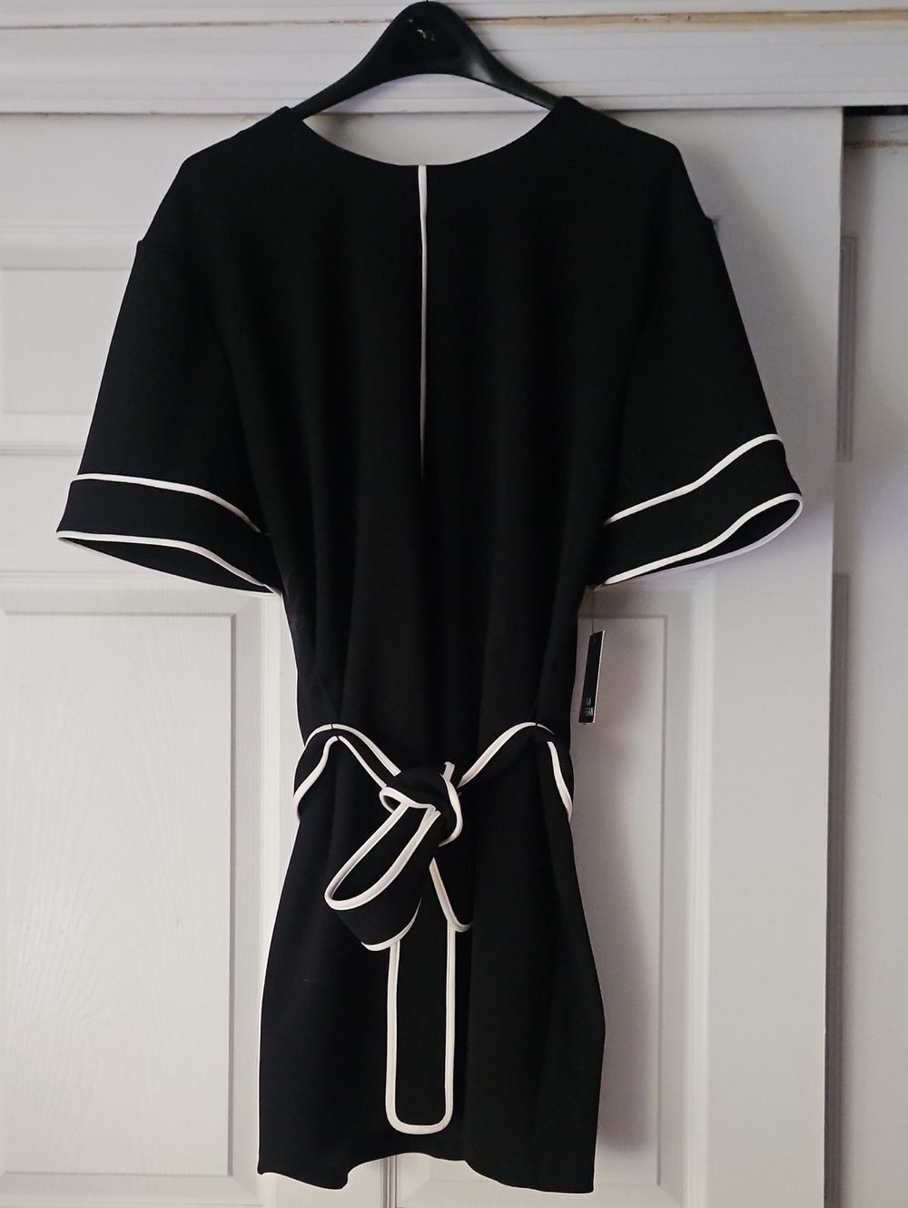 Black Short Sleeve Belted Dress with White Piping